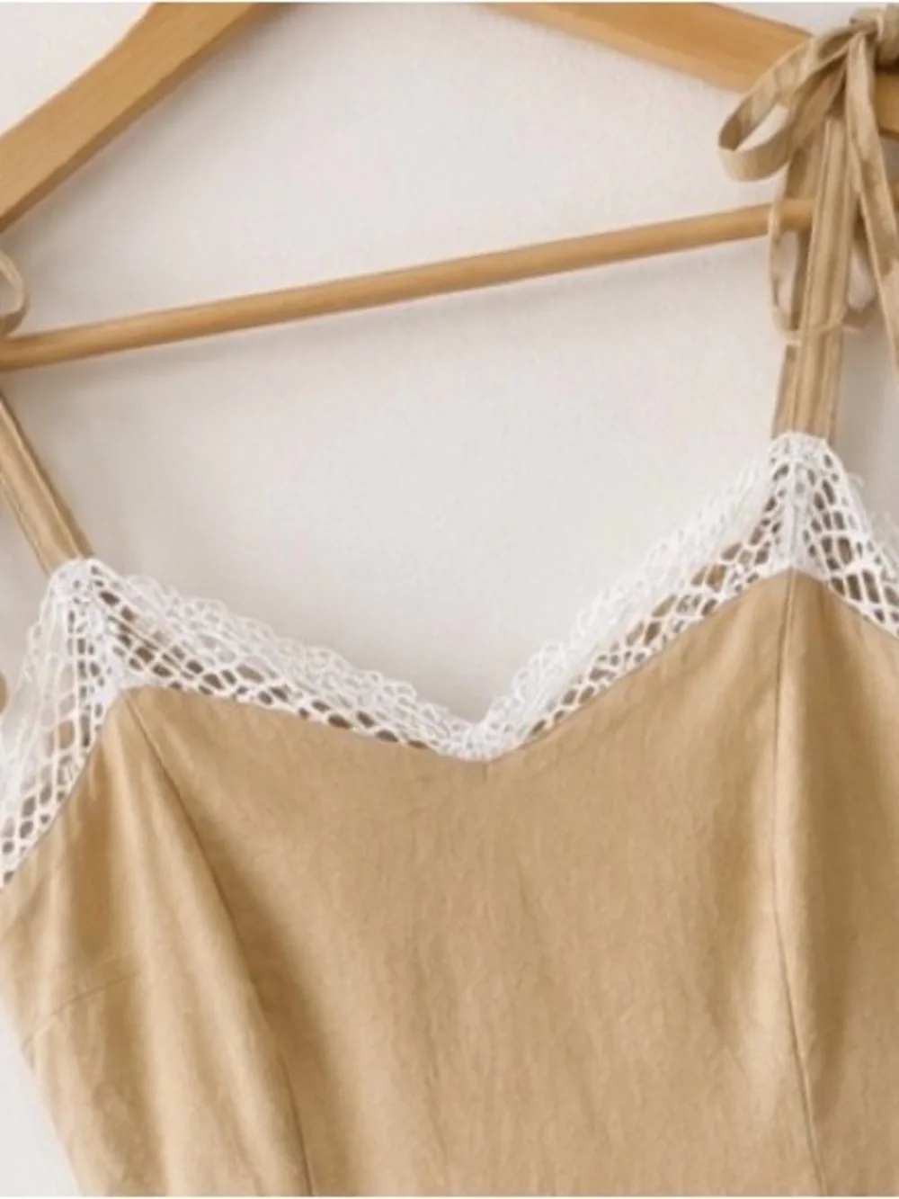 Caroline Constas Beige Midi Dress with White Crochet Lace Appliqué and tie strap
